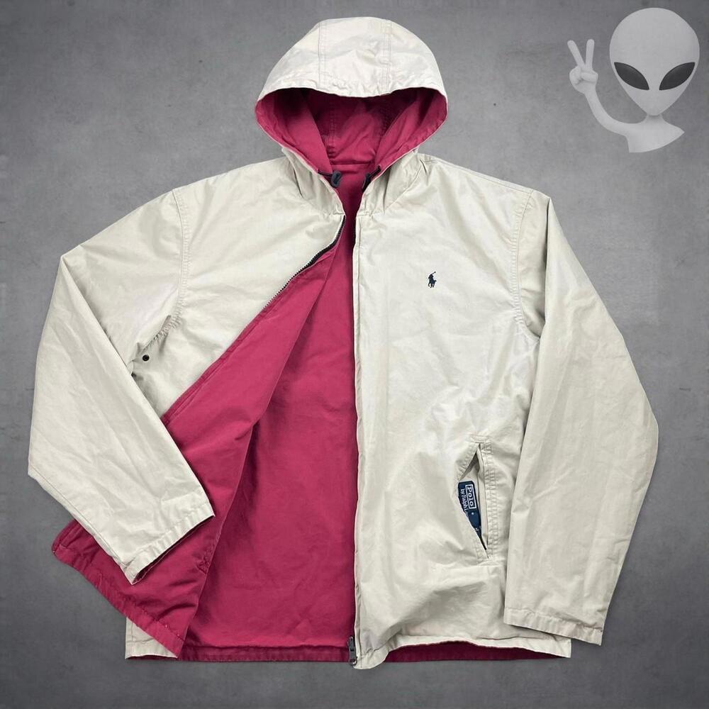 Polo Ralph Lauren Reversible Hooded Jacket Medium Cream Red Vintage 90s - Picture 1 of 7